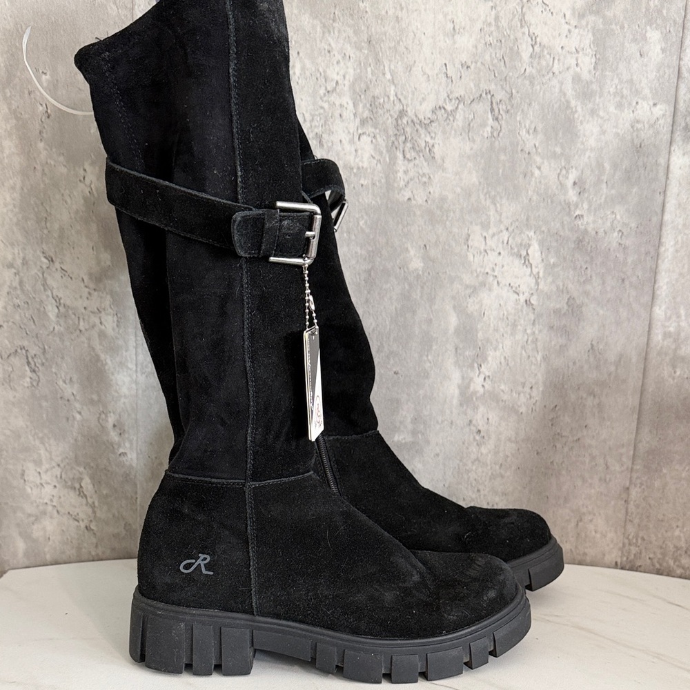Religious comfort lug sole Black Suede Knee-High Buckle Boots sz 6.5